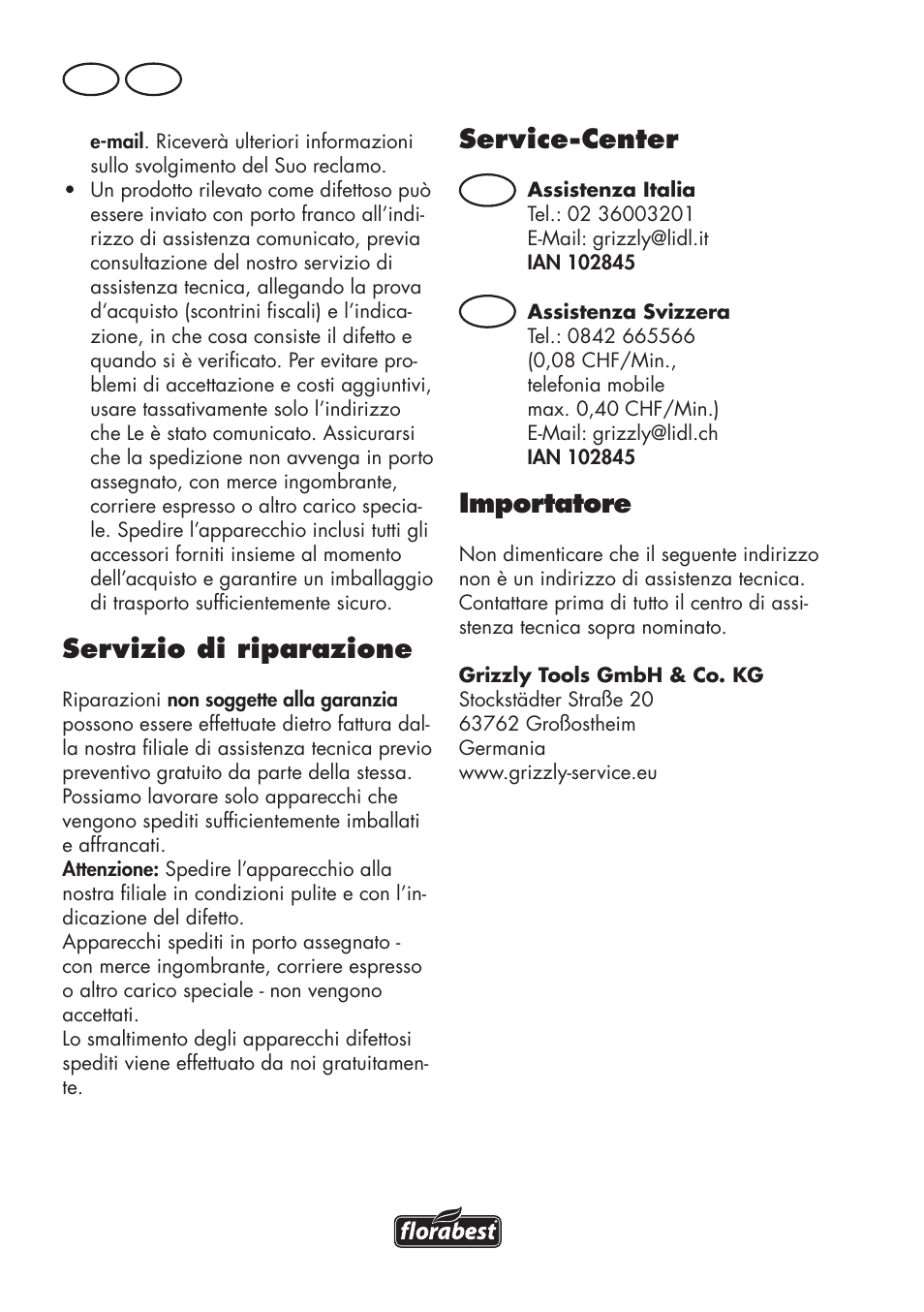 Servizio di riparazione, Service-center, Importatore | It ch, Ch it | Florabest FKS 2200 D2 User Manual | Page 76 / 108