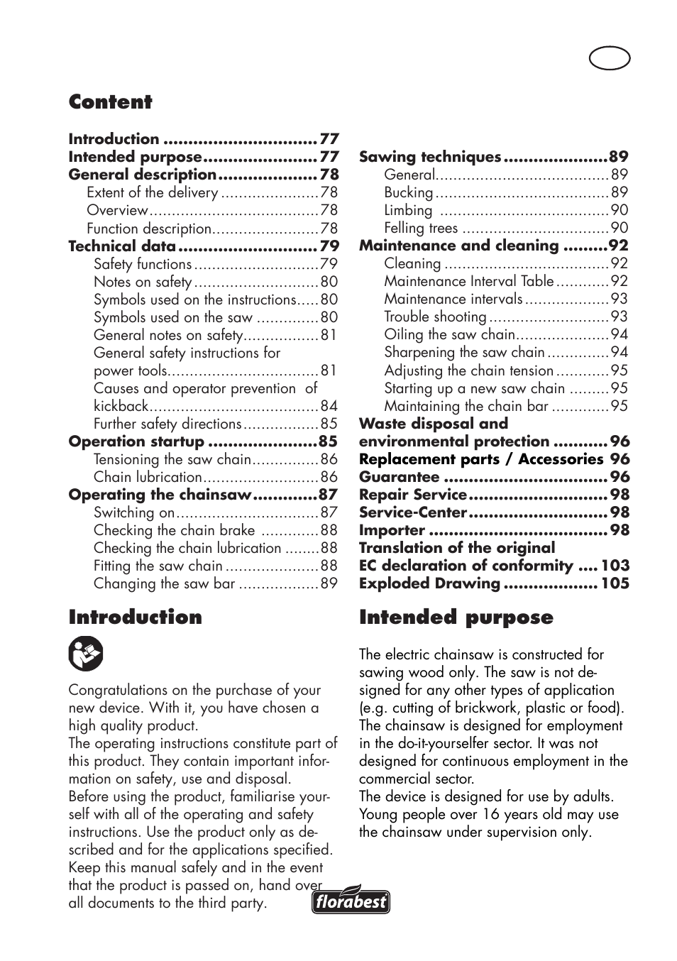 Introduction, Content, Intended purpose | Florabest FKS 2200 D2 User Manual | Page 77 / 108