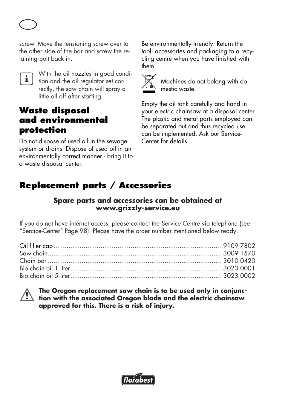 Waste disposal and environmental protection, Replacement parts / accessories | Florabest FKS 2200 D2 User Manual | Page 96 / 108