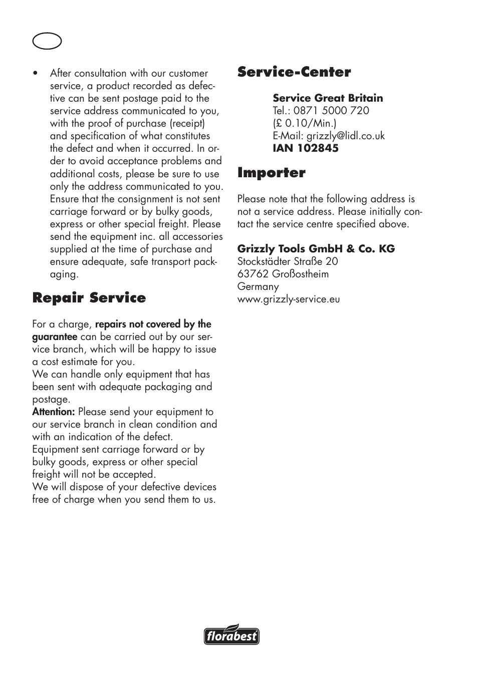 Repair service, Service-center, Importer | Florabest FKS 2200 D2 User Manual | Page 98 / 108