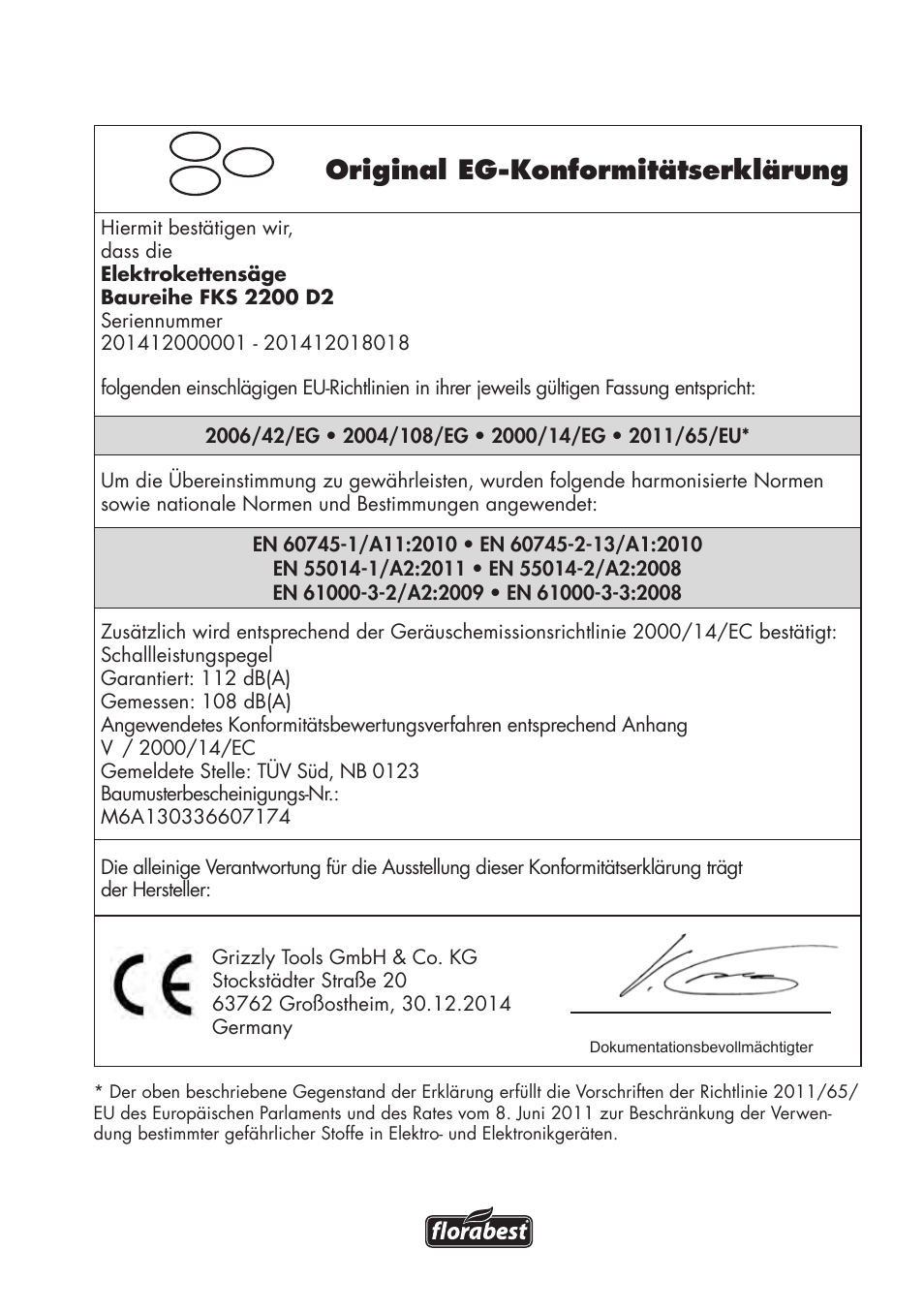 Original eg-konformitätserklärung | Florabest FKS 2200 D2 User Manual | Page 99 / 108