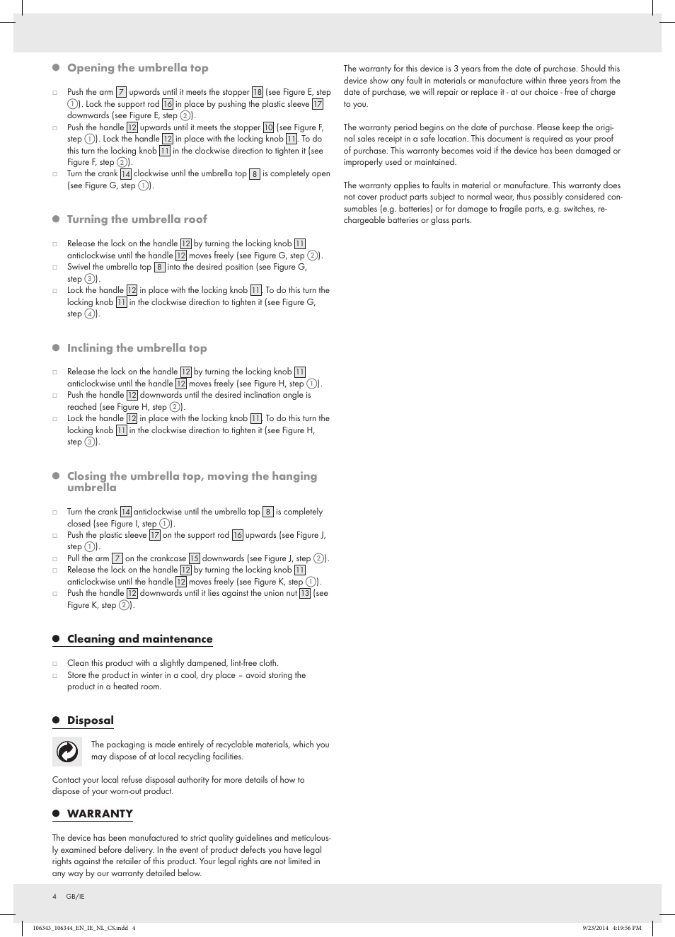 Opening the umbrella top, Turning the umbrella roof, Inclining the umbrella top | Cleaning and maintenance, Disposal, Warranty | Florabest Z29811 User Manual | Page 4 / 22