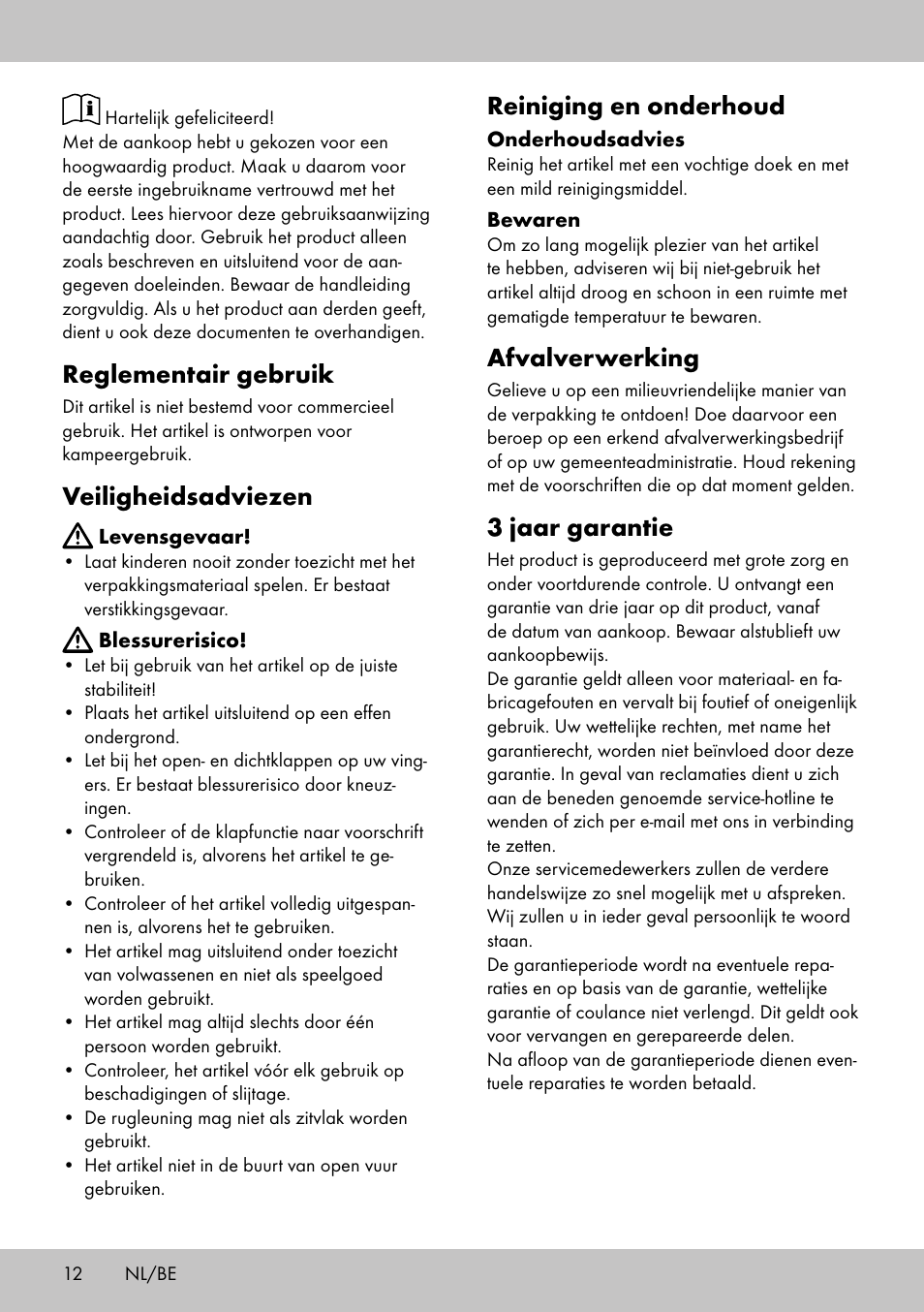 Reglementair gebruik, Veiligheidsadviezen, Reiniging en onderhoud | Afvalverwerking, 3 jaar garantie | Florabest DL-2018 User Manual | Page 10 / 14