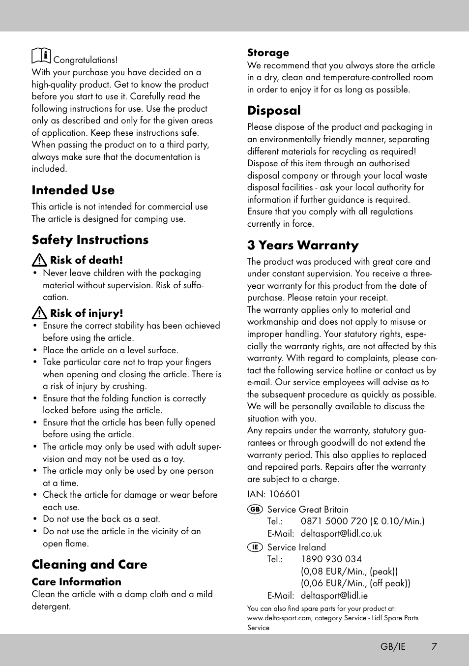 Intended use, Safety instructions, Cleaning and care | Disposal, 3 years warranty | Florabest DL-2018 User Manual | Page 5 / 14