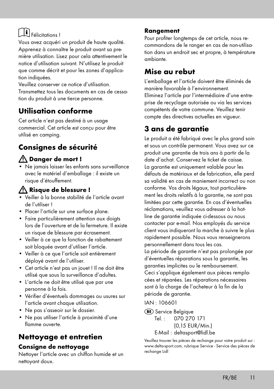 Mise au rebut, 3 ans de garantie, Utilisation conforme | Consignes de sécurité, Nettoyage et entretien | Florabest DL-2018 User Manual | Page 9 / 14