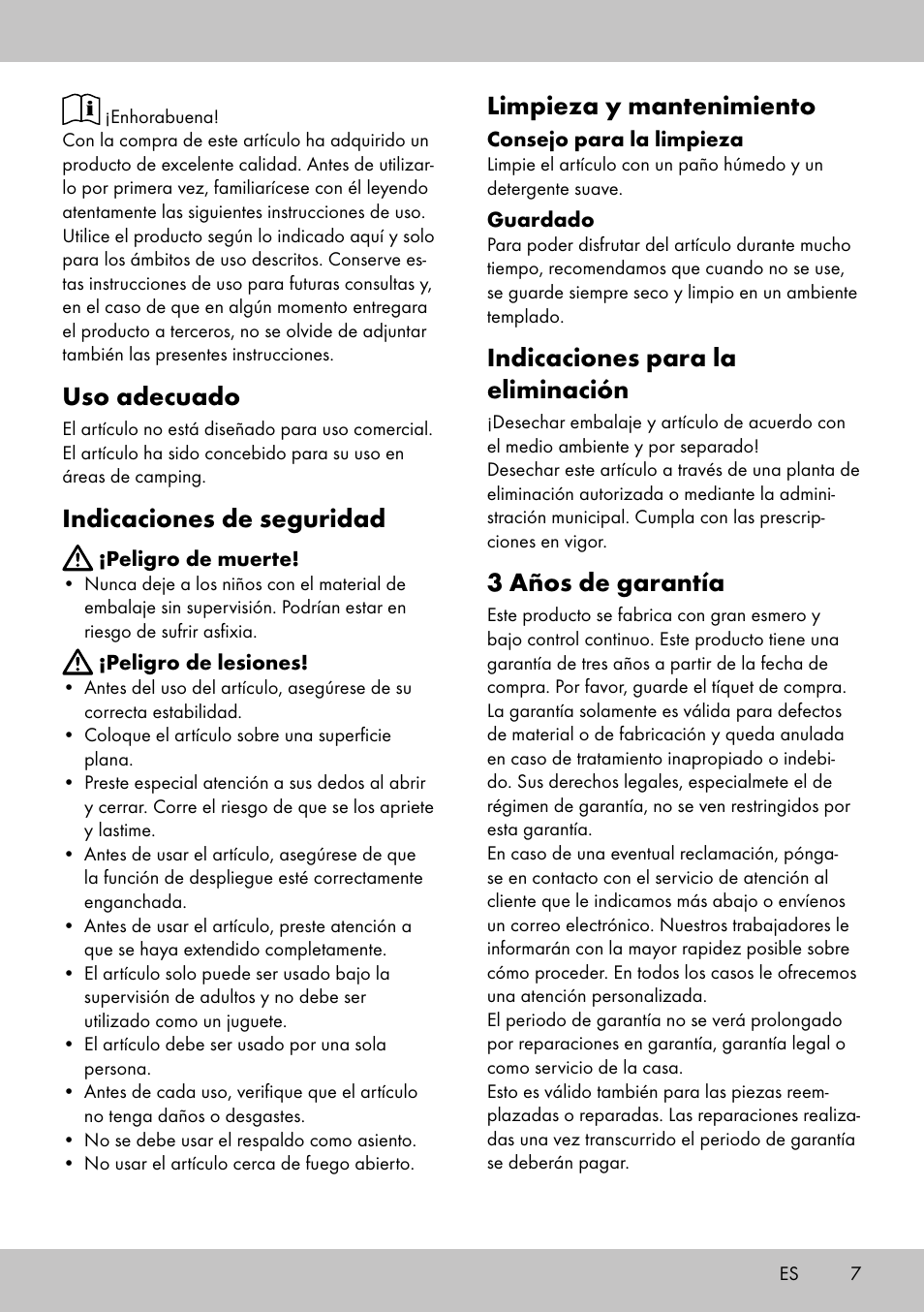 Uso adecuado, Indicaciones de seguridad, Limpieza y mantenimiento | Indicaciones para la eliminación, 3 años de garantía | Florabest DL-2016 User Manual | Page 5 / 14