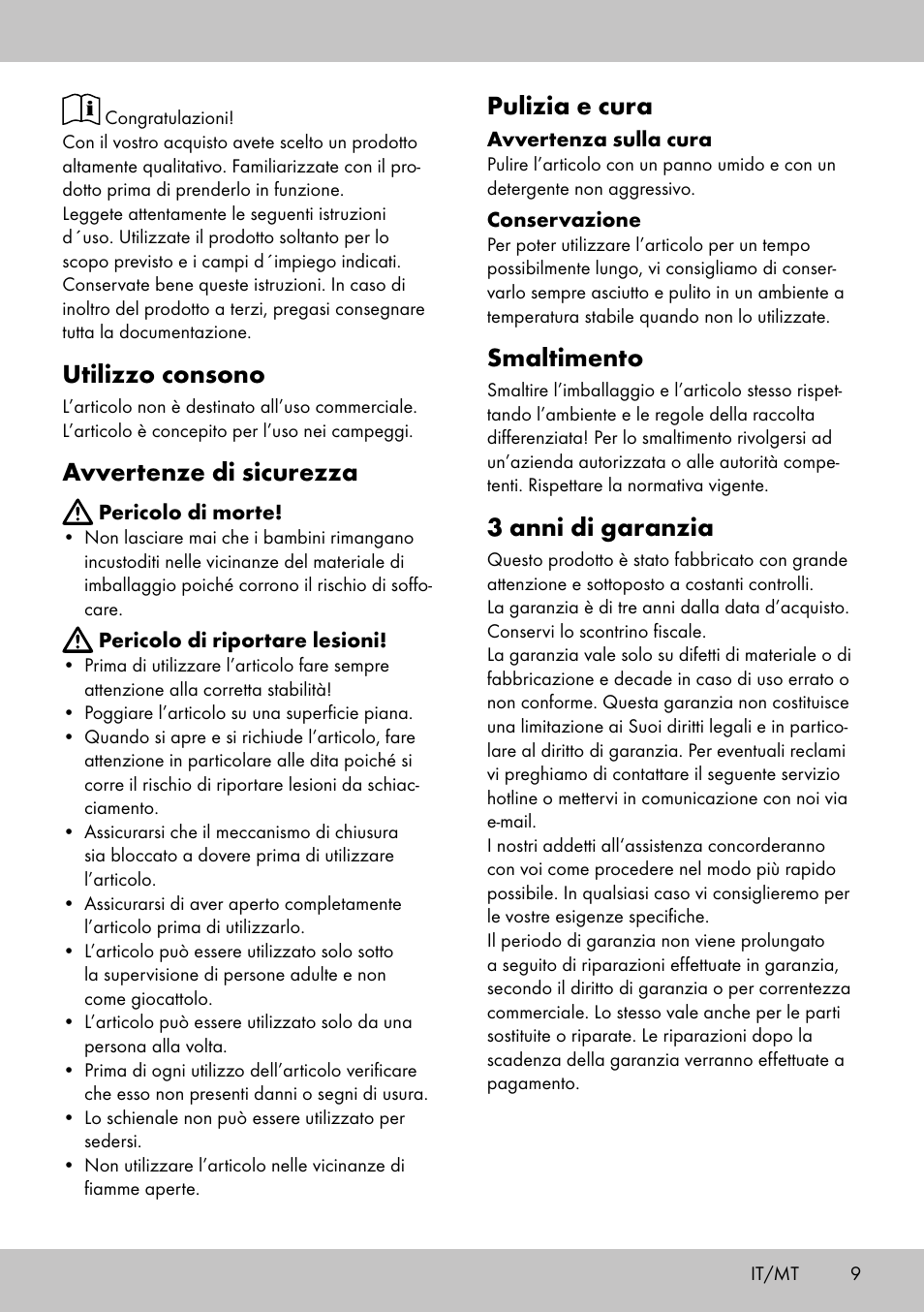 Utilizzo consono, Avvertenze di sicurezza, Pulizia e cura | Smaltimento, 3 anni di garanzia | Florabest DL-2016 User Manual | Page 7 / 14
