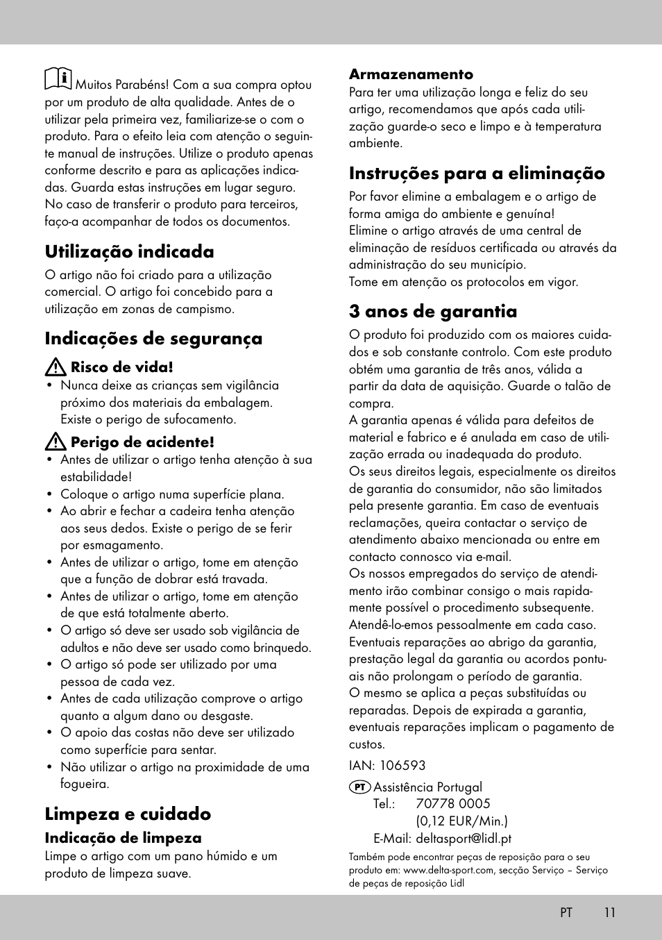 Utilização indicada, Indicações de segurança, Limpeza e cuidado | Instruções para a eliminação, 3 anos de garantia | Florabest DL-2016 User Manual | Page 9 / 14