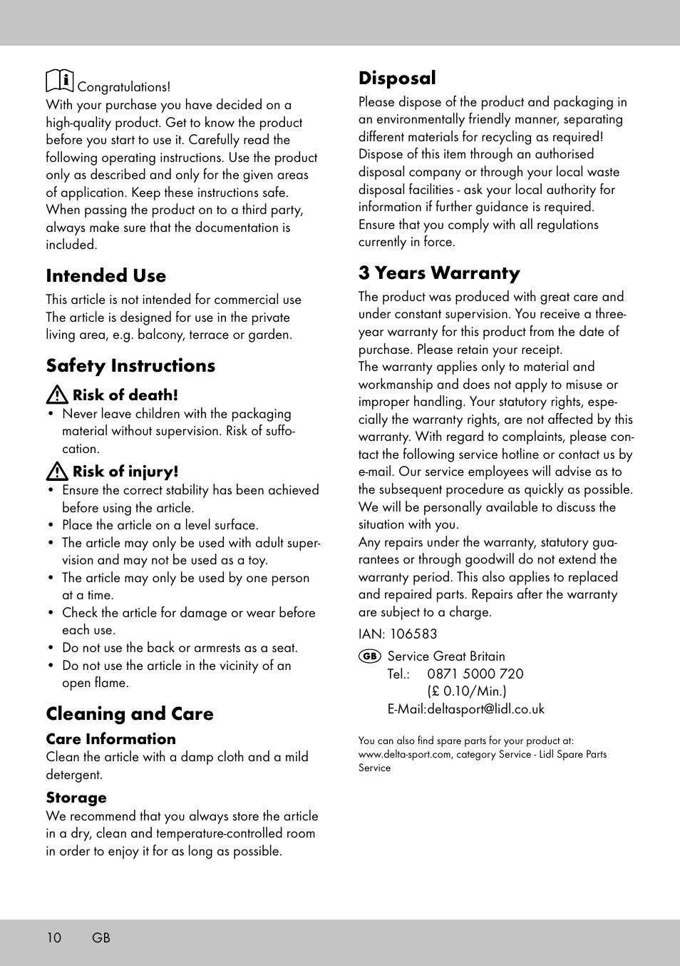 Intended use, Safety instructions, Cleaning and care | Disposal, 3 years warranty | Florabest ST-1706 User Manual | Page 10 / 12