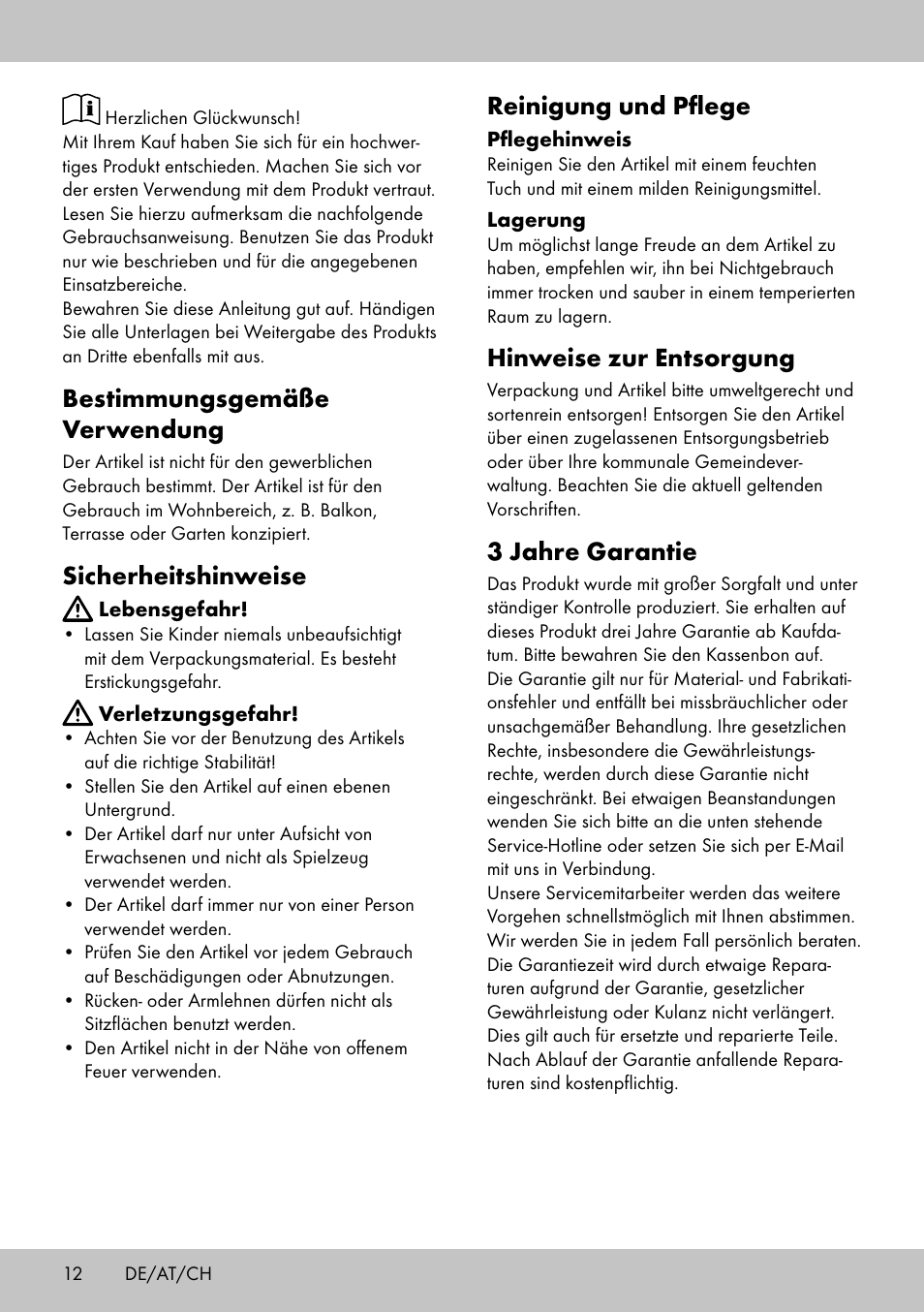 Bestimmungsgemäße verwendung, Sicherheitshinweise, Reinigung und pflege | Hinweise zur entsorgung, 3 jahre garantie | Florabest ST-1706 User Manual | Page 12 / 16