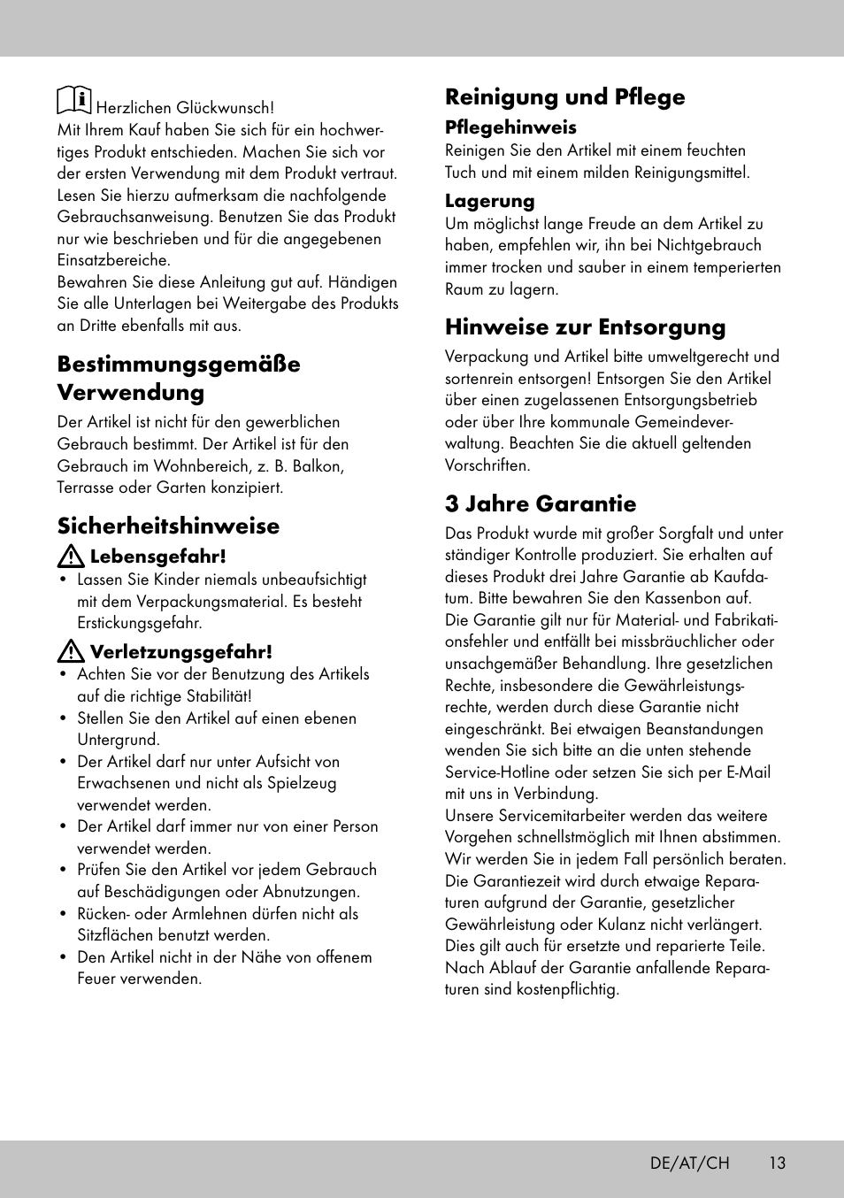 Bestimmungsgemäße verwendung, Sicherheitshinweise, Reinigung und pflege | Hinweise zur entsorgung, 3 jahre garantie | Florabest ST-1706 User Manual | Page 13 / 16