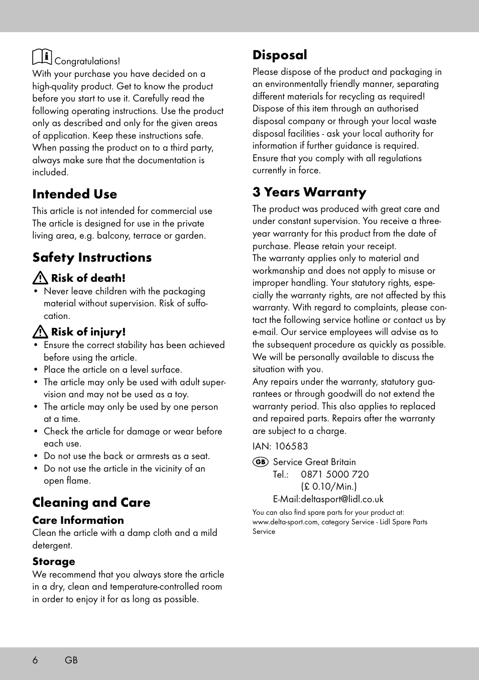 Intended use, Safety instructions, Cleaning and care | Disposal, 3 years warranty | Florabest ST-1706 User Manual | Page 6 / 16