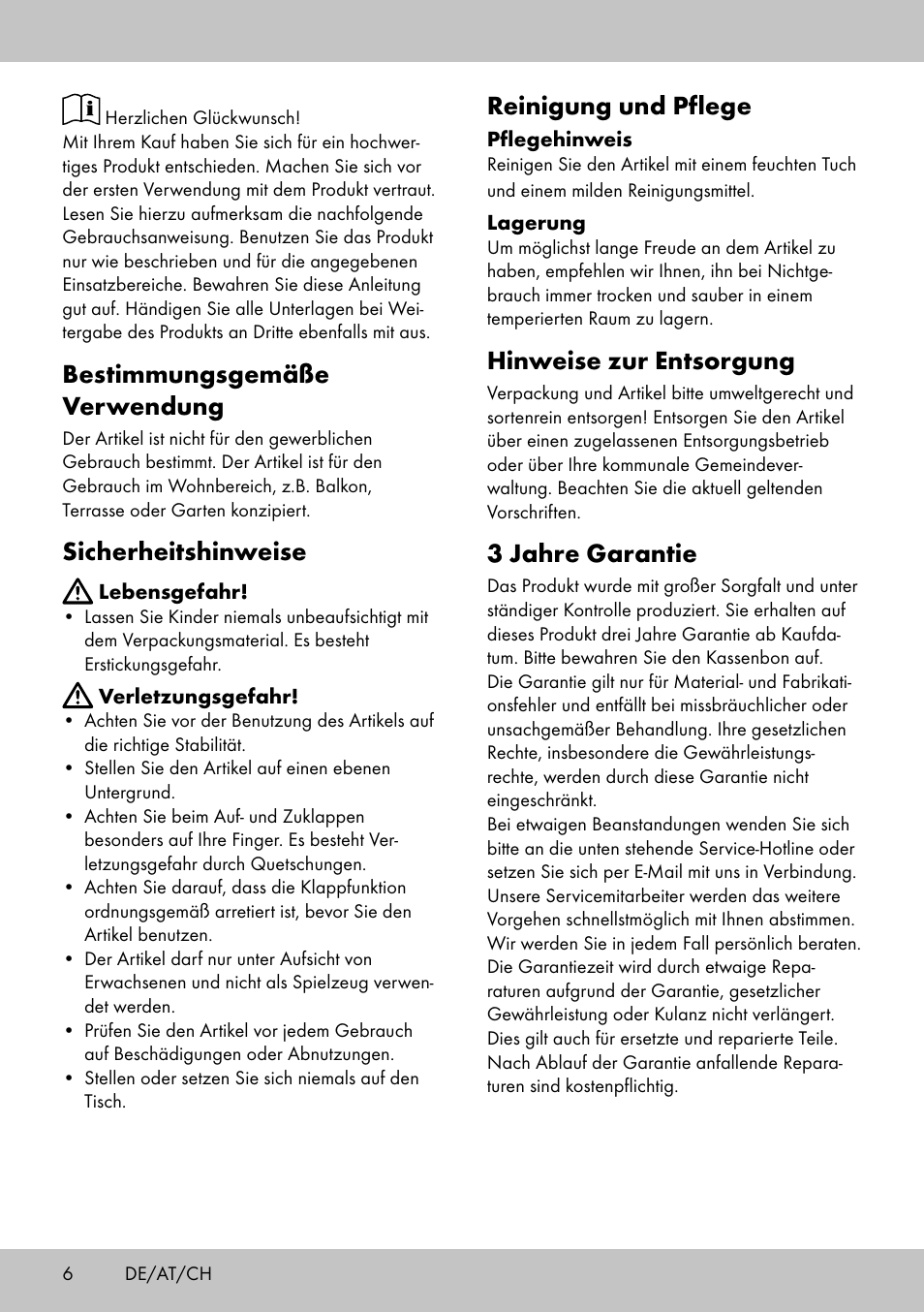 Bestimmungsgemäße verwendung, Sicherheitshinweise, Reinigung und pflege | Hinweise zur entsorgung, 3 jahre garantie | Florabest AG-1759 User Manual | Page 6 / 12