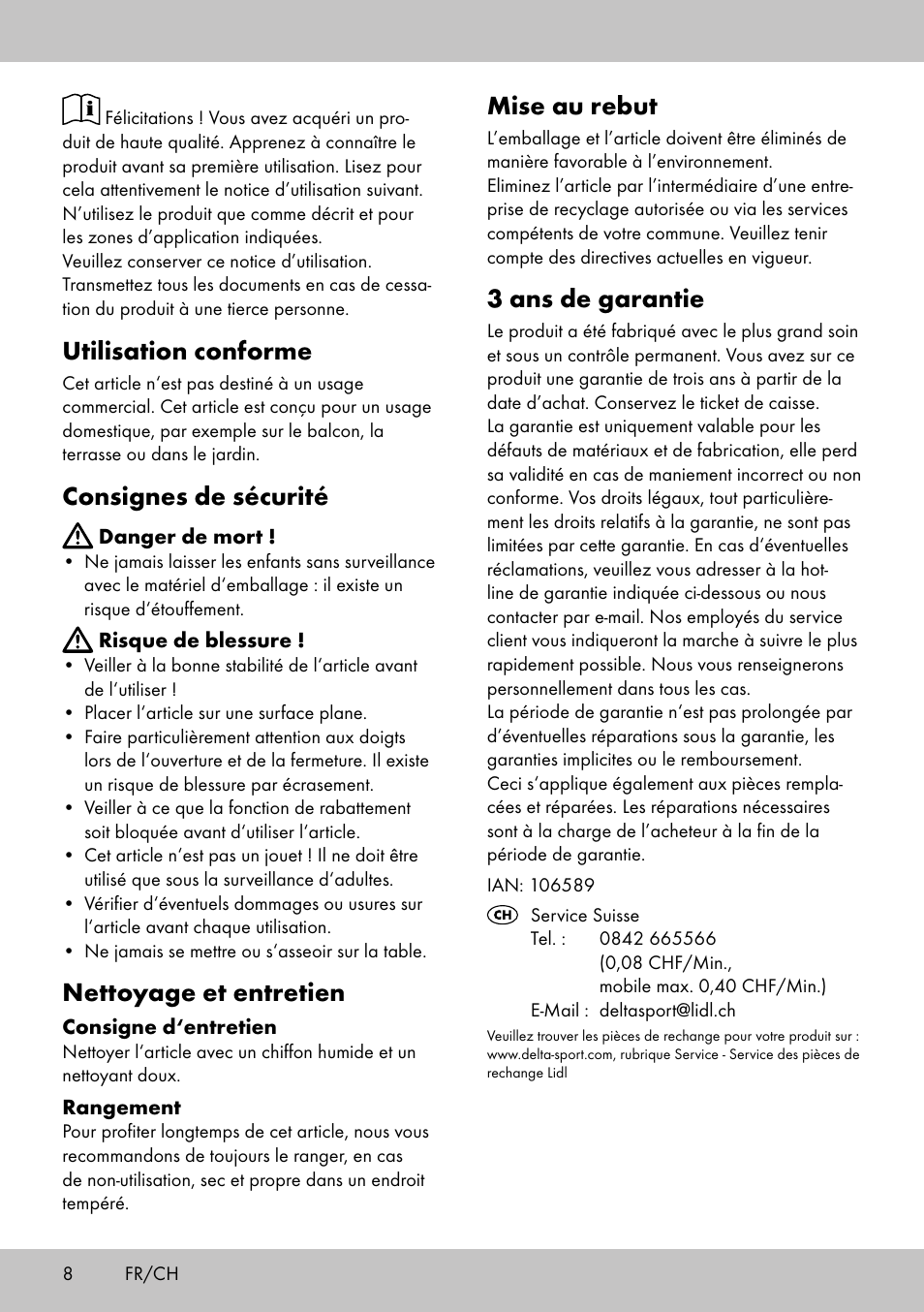 Utilisation conforme, Consignes de sécurité, Nettoyage et entretien | Mise au rebut, 3 ans de garantie | Florabest AG-1759 User Manual | Page 8 / 12