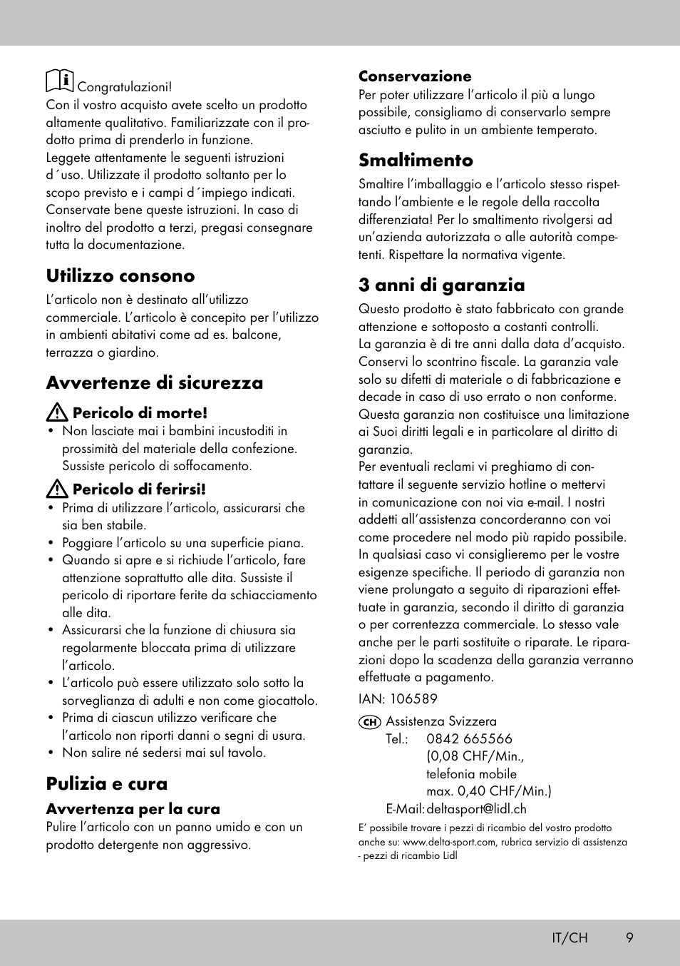 Utilizzo consono, Avvertenze di sicurezza, Pulizia e cura | Smaltimento, 3 anni di garanzia | Florabest AG-1759 User Manual | Page 9 / 12