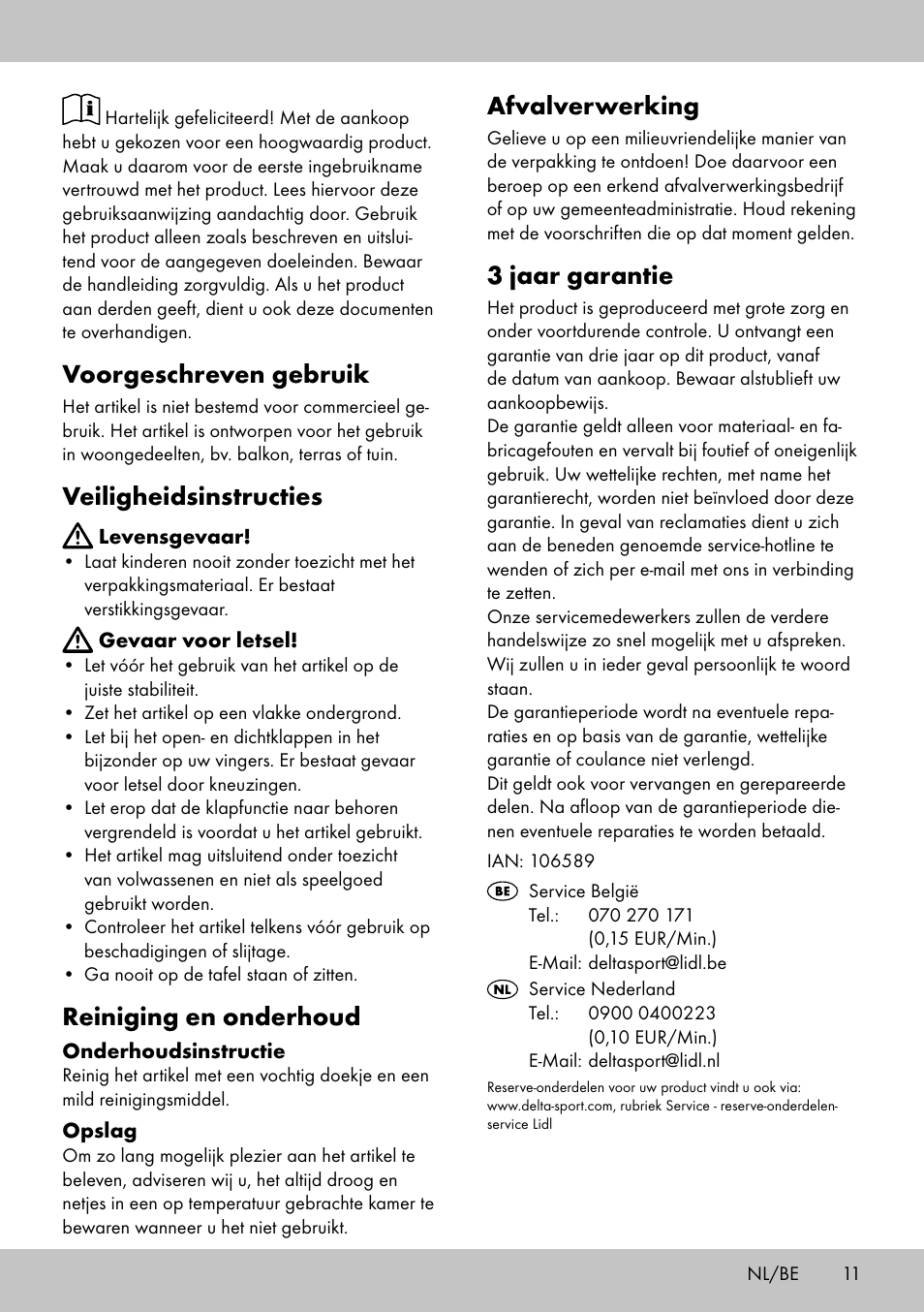 Voorgeschreven gebruik, Veiligheidsinstructies, Reiniging en onderhoud | Afvalverwerking, 3 jaar garantie | Florabest AG-1759 User Manual | Page 11 / 16