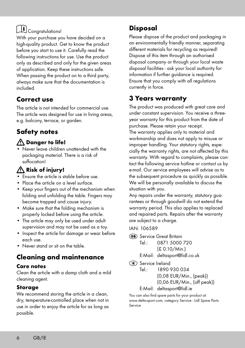 Correct use, Cleaning and maintenance, Disposal | 3 years warranty | Florabest AG-1759 User Manual | Page 6 / 16