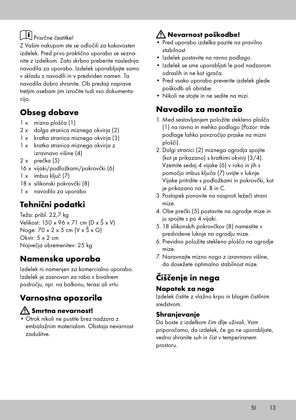 Obseg dobave, Tehnični podatki, Namenska uporaba | Varnostna opozorila, Navodilo za montažo, Čiščenje in nega | Florabest AG-1780 User Manual | Page 11 / 18