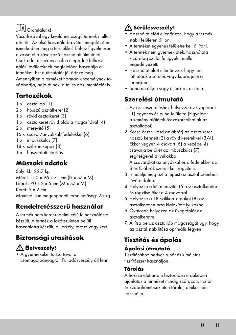 Tartozékok, Műszaki adatok, Rendeltetésszerű használat | Biztonsági utasítások, Szerelési útmutató, Tisztítás és ápolás | Florabest AG-1780 User Manual | Page 9 / 18