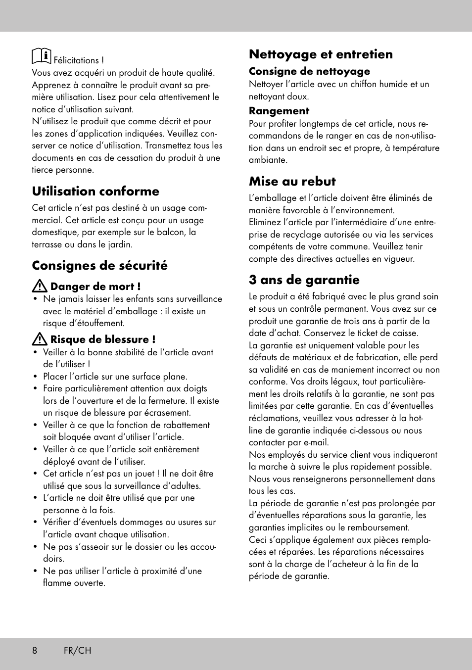 Utilisation conforme, Consignes de sécurité, Nettoyage et entretien | Mise au rebut, 3 ans de garantie | Florabest KS-1707 User Manual | Page 6 / 10