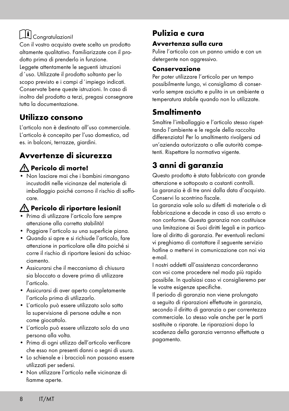 Utilizzo consono, Avvertenze di sicurezza, Pulizia e cura | Smaltimento, 3 anni di garanzia | Florabest KS-1707 User Manual | Page 6 / 14