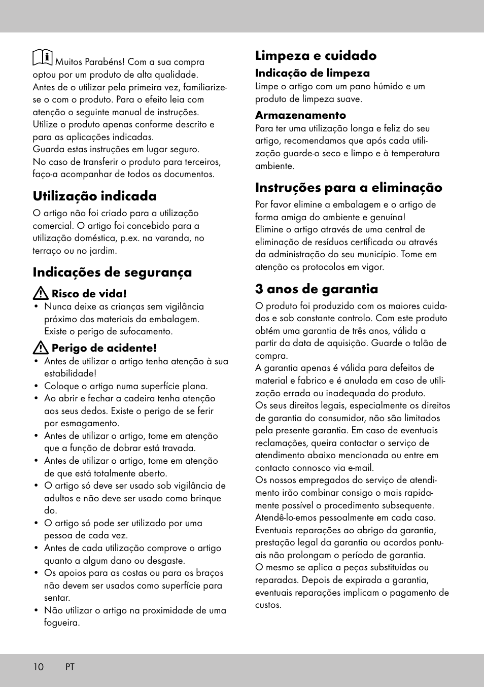 Utilização indicada, Indicações de segurança, Limpeza e cuidado | Instruções para a eliminação, 3 anos de garantia | Florabest KS-1707 User Manual | Page 8 / 14