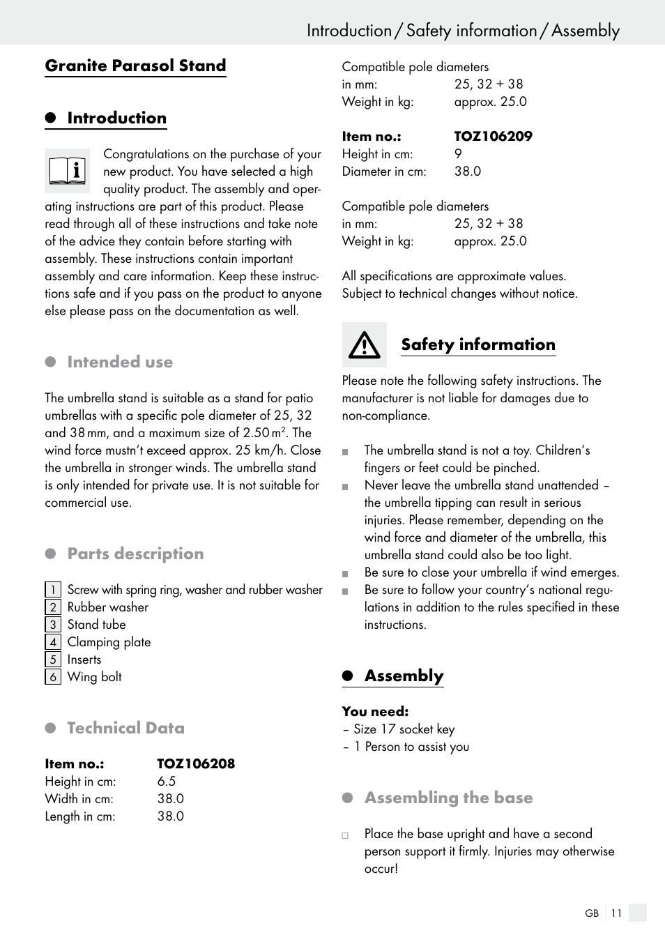 Introduction / safety information / assembly, Granite parasol stand introduction, Intended use | Parts description, Technical data, Safety information, Assembly, Assembling the base | Florabest 85897KASR /Q User Manual | Page 11 / 13