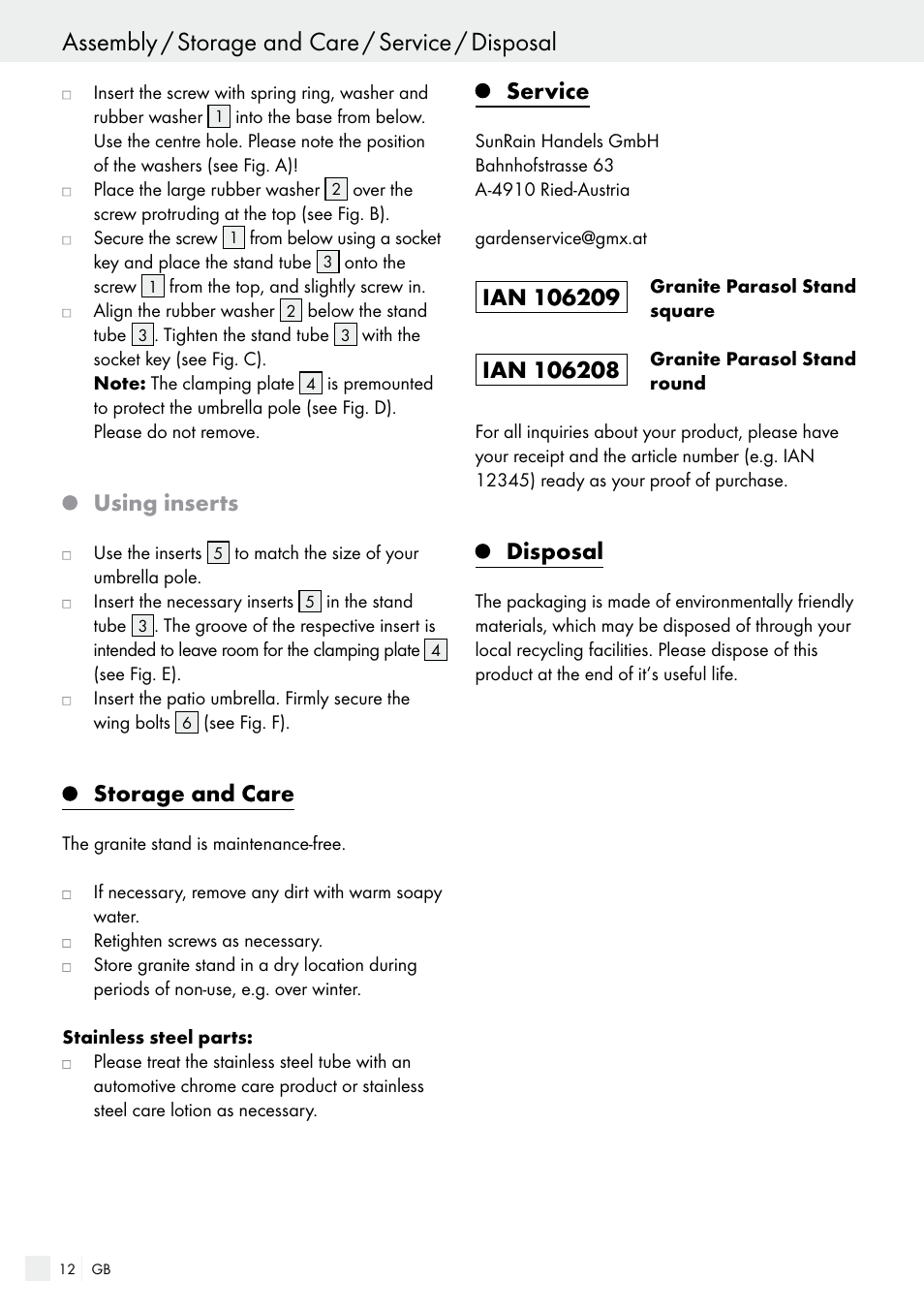 Assembly / storage and care / service / disposal, Using inserts, Storage and care | Service, Disposal | Florabest 85897KASR /Q User Manual | Page 12 / 13
