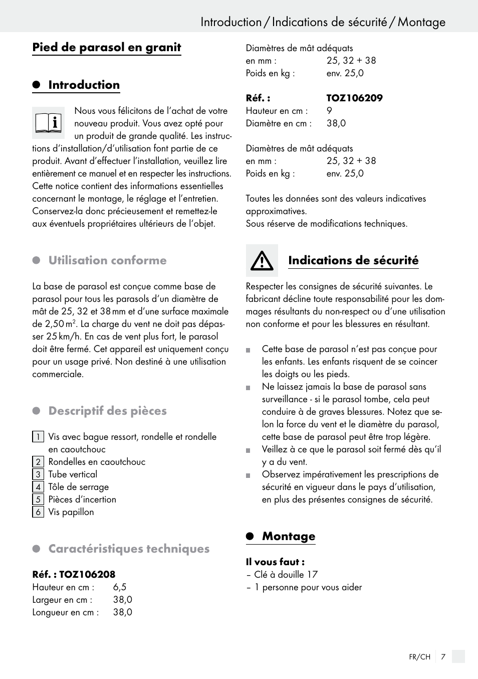 Introduction / indications de sécurité / montage, Pied de parasol en granit introduction, Utilisation conforme | Descriptif des pièces, Caractéristiques techniques, Indications de sécurité, Montage | Florabest 85897KASR /Q User Manual | Page 7 / 13
