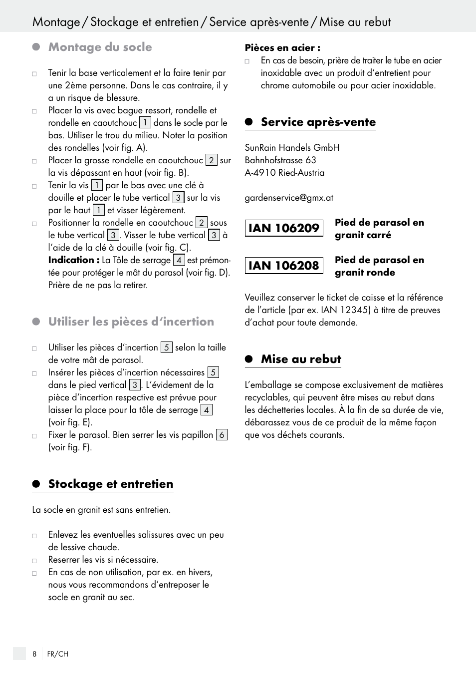 Montage du socle, Utiliser les pièces d‘incertion, Stockage et entretien | Service après-vente, Mise au rebut | Florabest 85897KASR /Q User Manual | Page 8 / 13