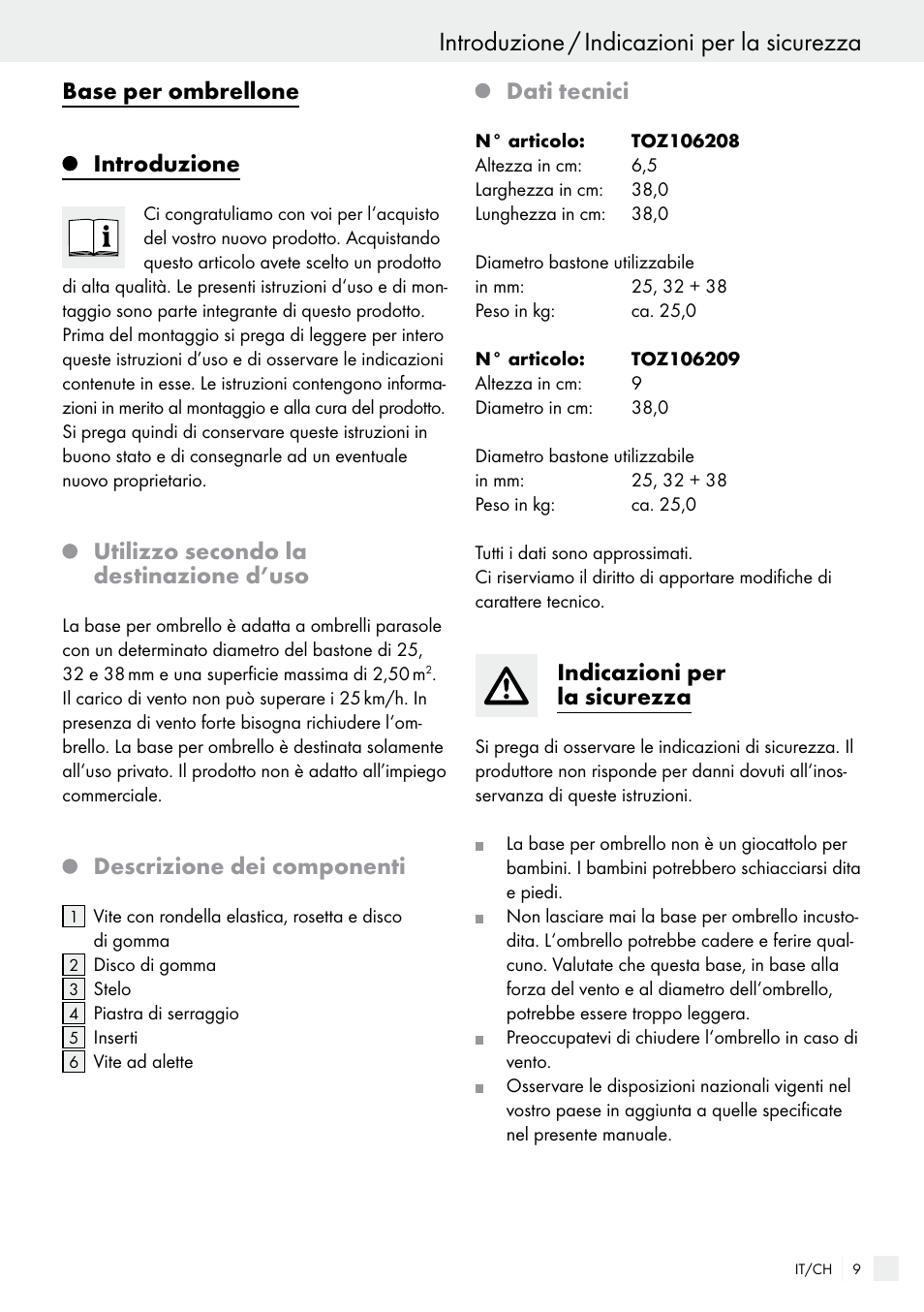 Introduzione / indicazioni per la sicurezza, Base per ombrellone introduzione, Utilizzo secondo la destinazione d’uso | Descrizione dei componenti, Dati tecnici, Indicazioni per la sicurezza | Florabest 85897KASR /Q User Manual | Page 9 / 13