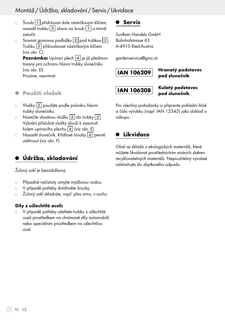 Montáž / údržba, skladování / servis / likvidace, Použití vložek, Údržba, skladování | Servis, Likvidace | Florabest 85897KASR /Q User Manual | Page 10 / 15