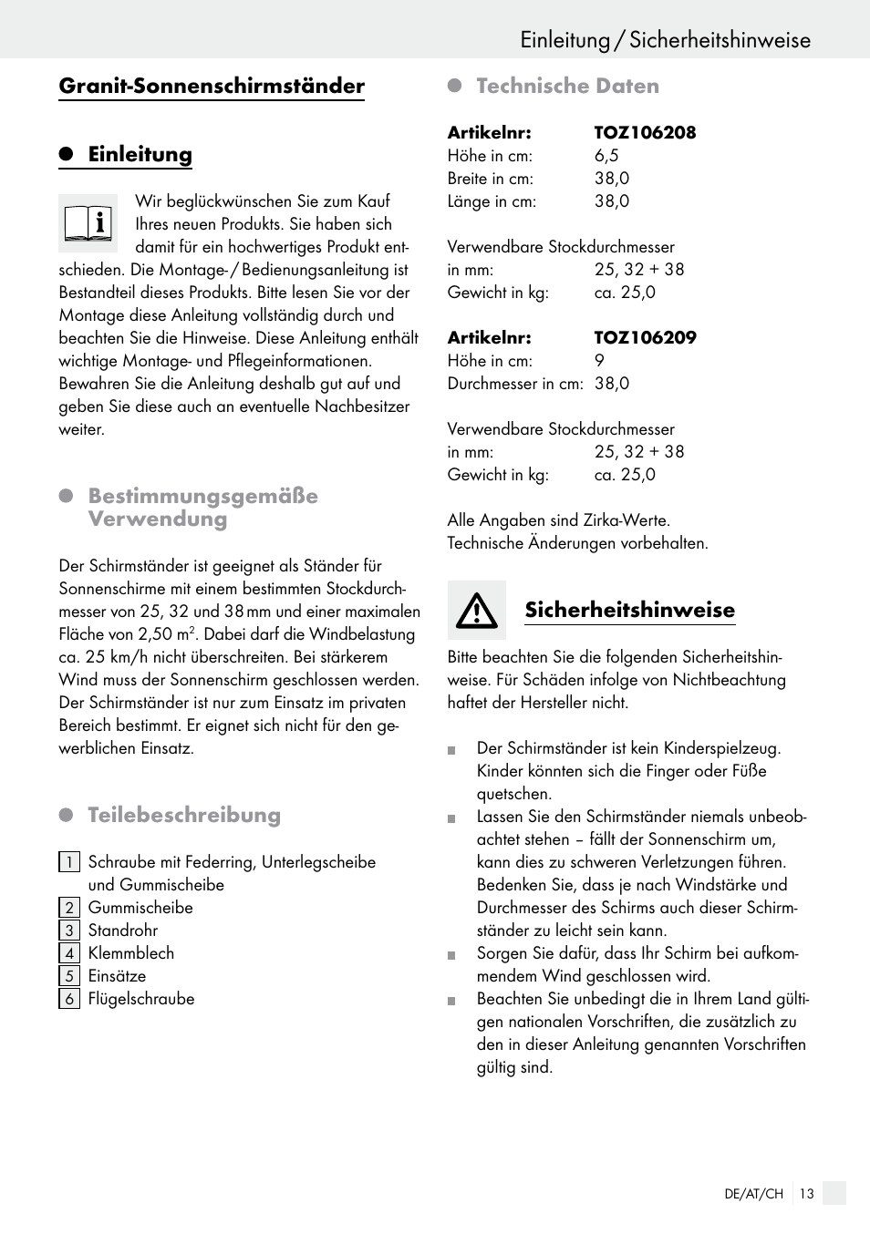 Einleitung / sicherheitshinweise, Granit-sonnenschirmständer einleitung, Bestimmungsgemäße verwendung | Teilebeschreibung, Technische daten, Sicherheitshinweise | Florabest 85897KASR /Q User Manual | Page 13 / 15