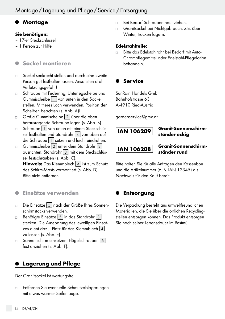 Montage, Sockel montieren, Einsätze verwenden | Lagerung und pflege, Service, Entsorgung | Florabest 85897KASR /Q User Manual | Page 14 / 15