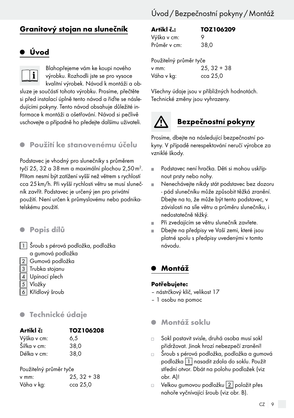 Úvod / bezpečnostní pokyny / montáž, Granitový stojan na slunečník úvod, Použití ke stanovenému účelu | Popis dílů, Technické údaje, Bezpečnostní pokyny, Montáž, Montáž soklu | Florabest 85897KASR /Q User Manual | Page 9 / 15