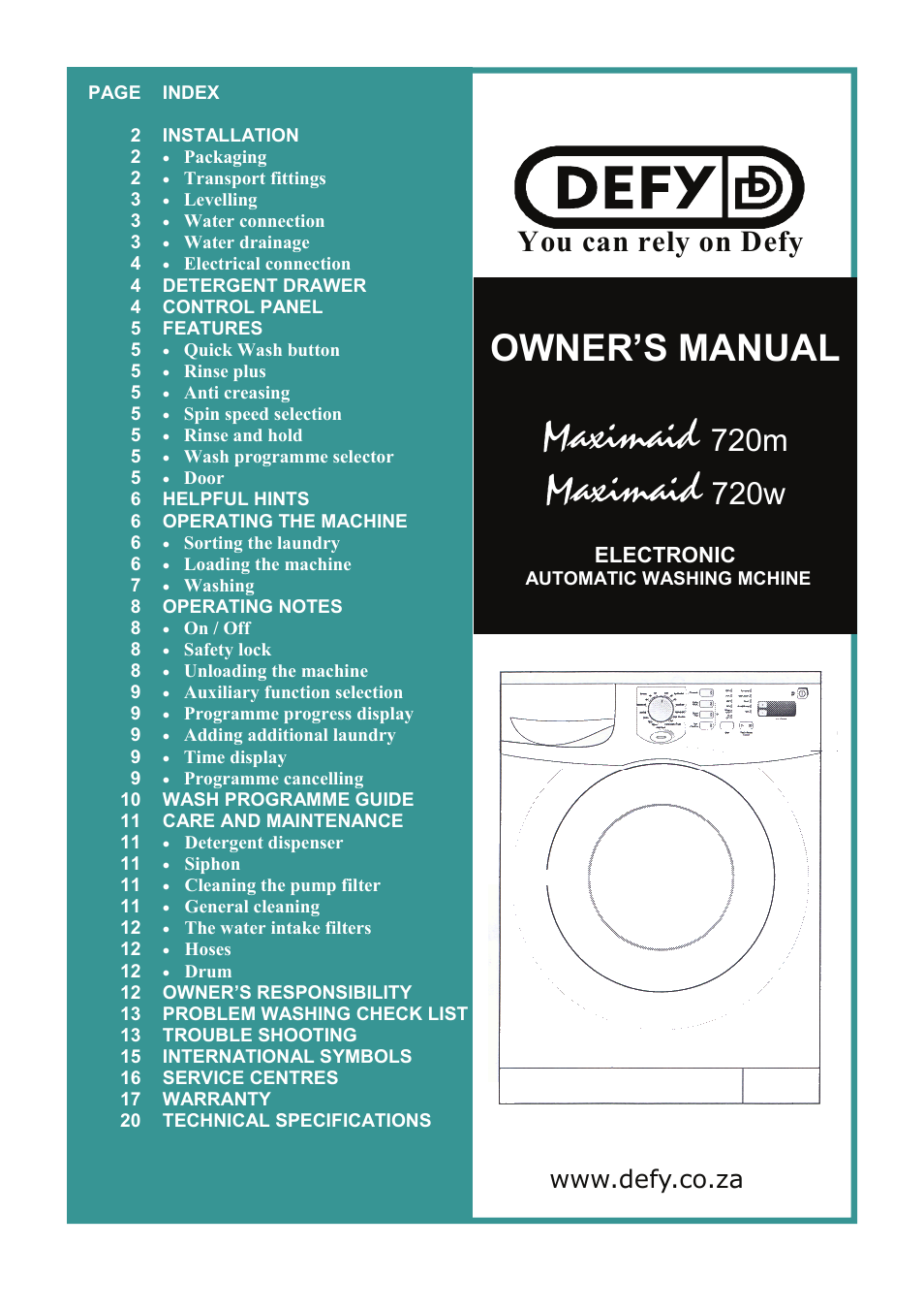 Defy Appliances MAXIMAID 720M User Manual | 20 pages