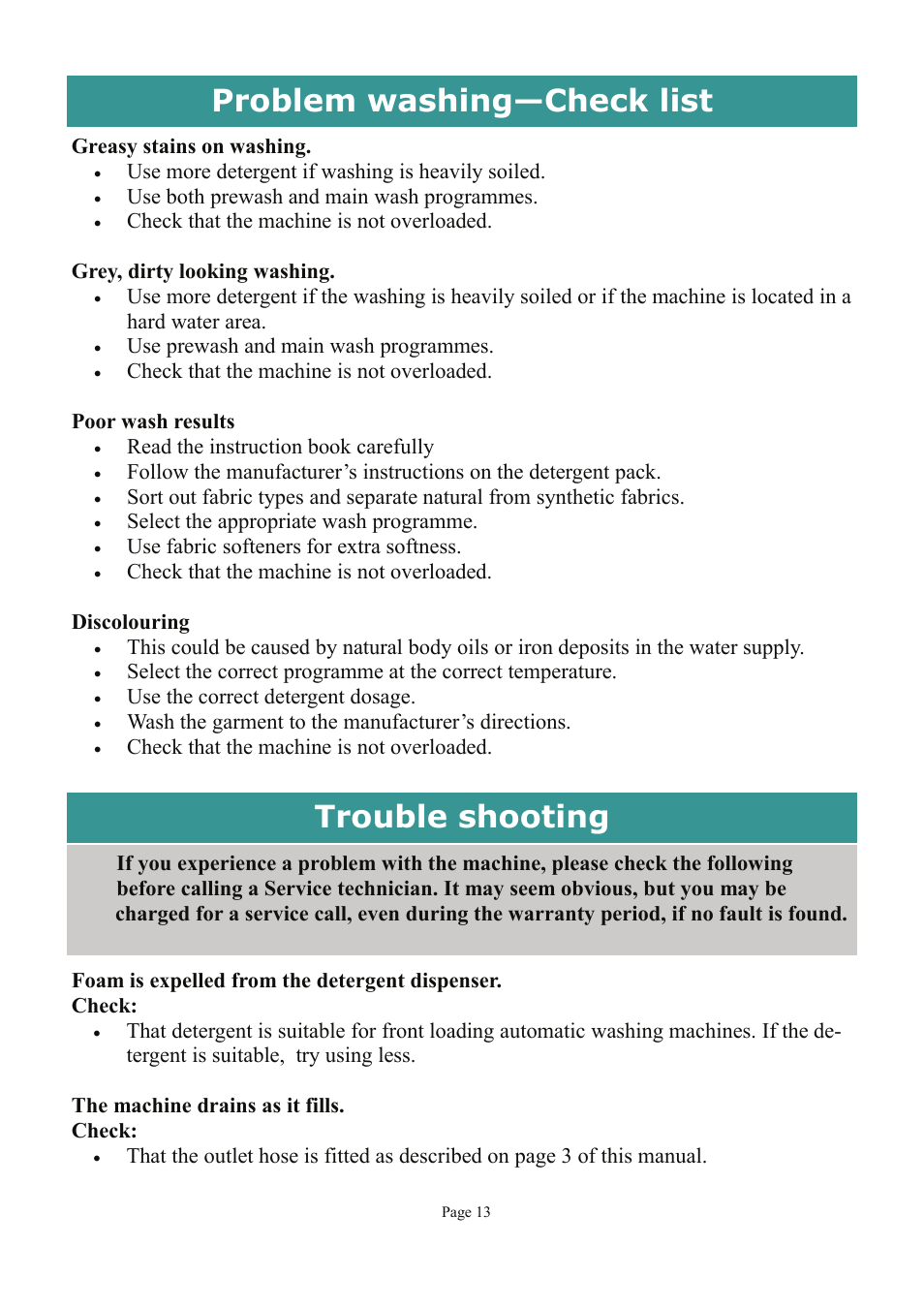 Problem washing—check list, Trouble shooting | Defy Appliances MAXIMAID 720M User Manual | Page 13 / 20