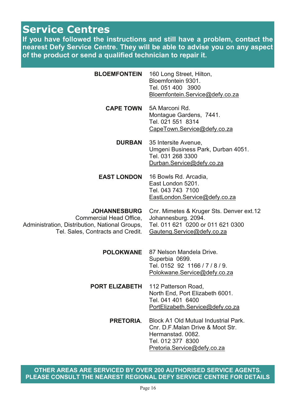 Service centres | Defy Appliances MAXIMAID 720M User Manual | Page 16 / 20