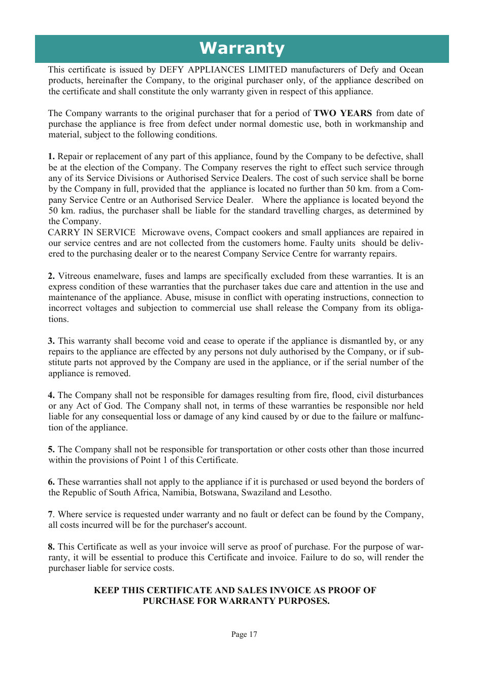 Warranty | Defy Appliances MAXIMAID 720M User Manual | Page 17 / 20