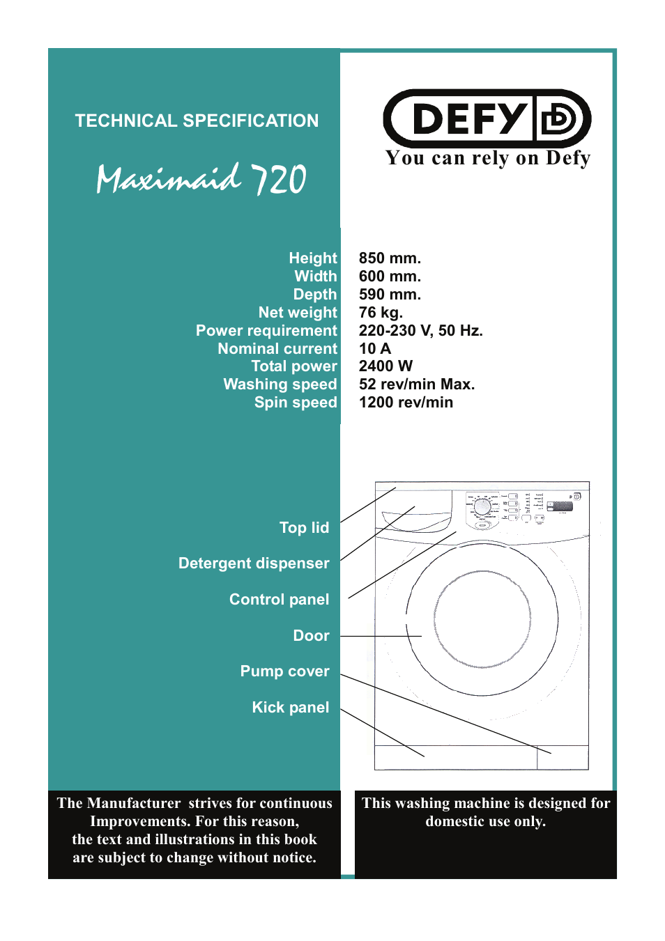 Maximaid 720, You can rely on defy | Defy Appliances MAXIMAID 720M User Manual | Page 20 / 20