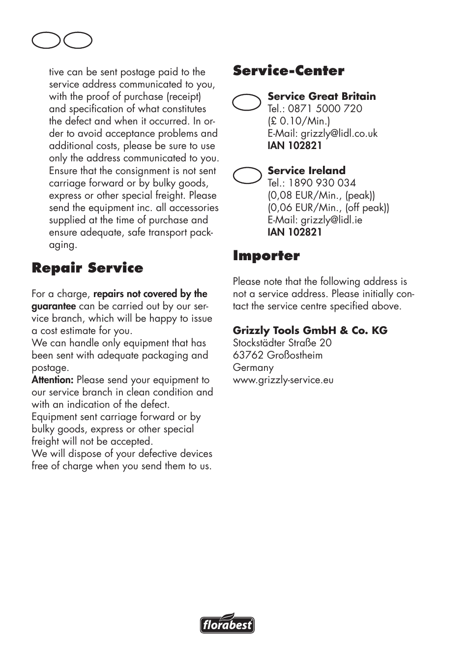 Repair service, Service-center, Importer | Gb ie | Florabest FLV 1200 A1 User Manual | Page 18 / 72