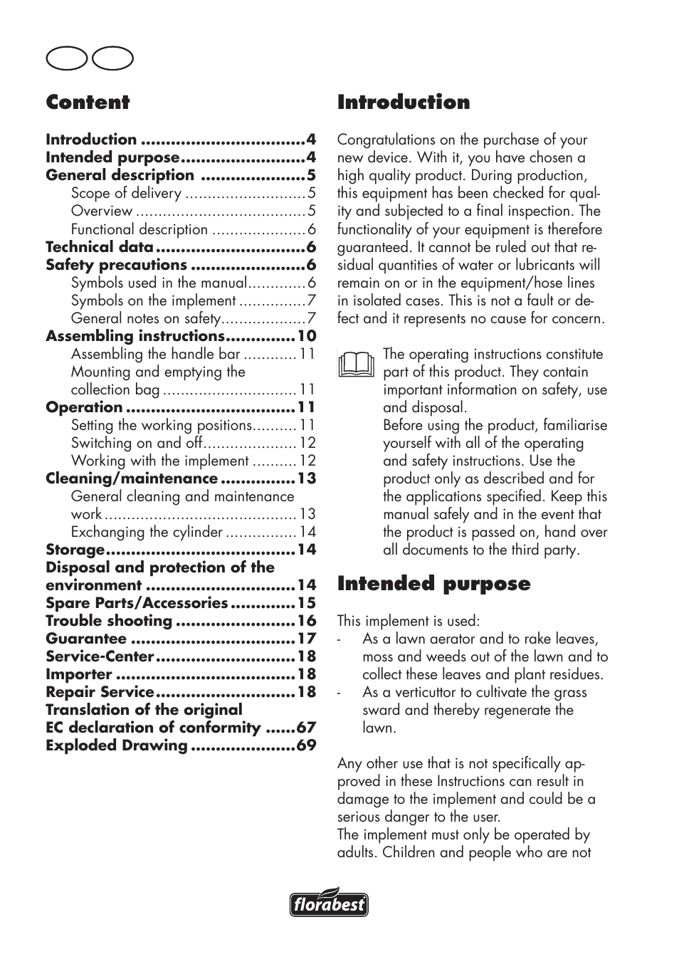 Content, Introduction, Intended purpose | Gb ie | Florabest FLV 1200 A1 User Manual | Page 4 / 72