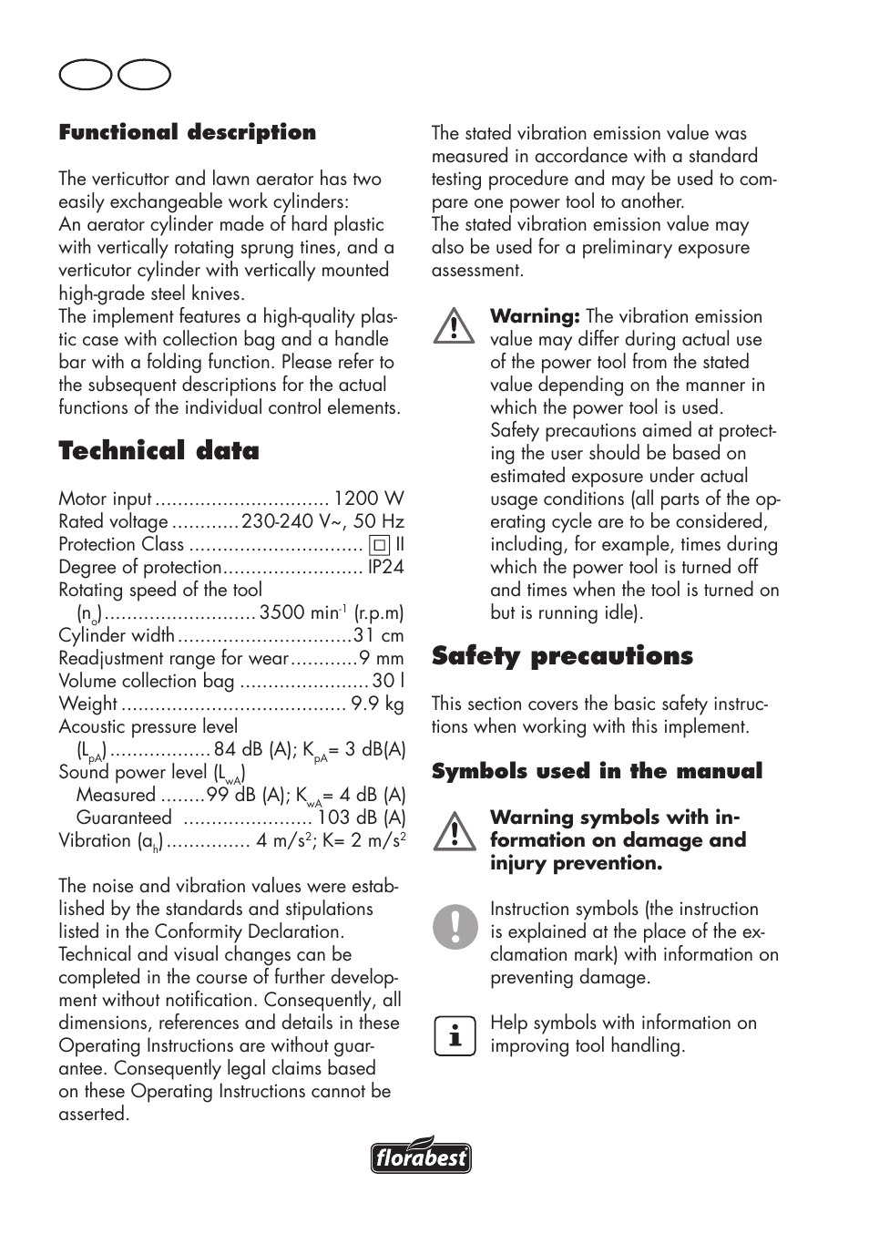 Technical data, Safety precautions, Gb ie | Florabest FLV 1200 A1 User Manual | Page 6 / 72