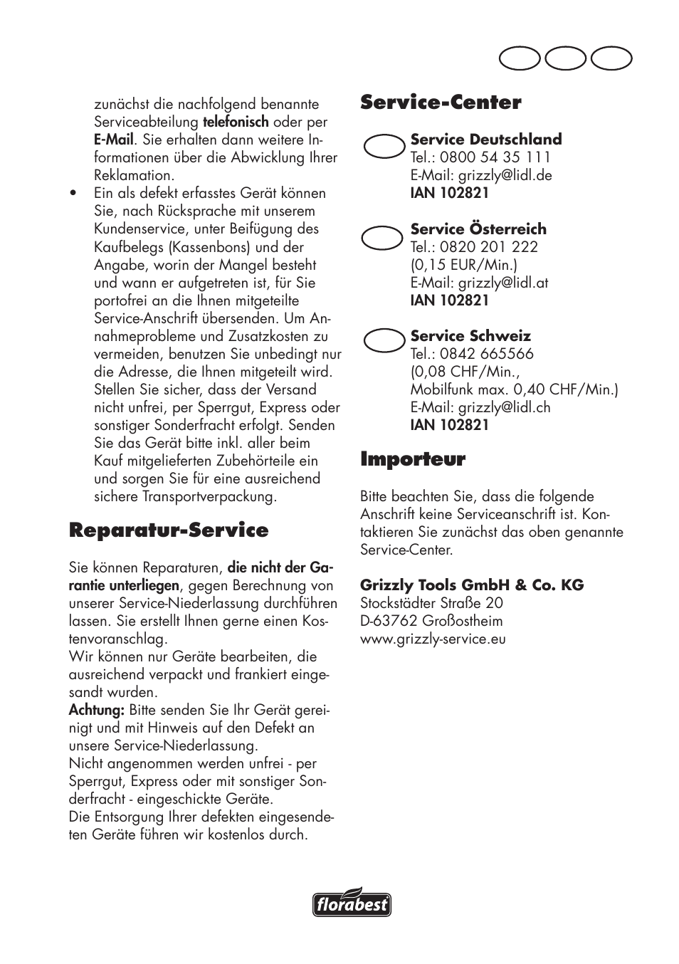 Reparatur-service, Service-center, Importeur | De at ch | Florabest FLV 1200 A1 User Manual | Page 19 / 72