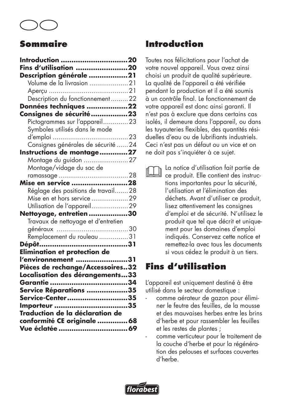 Sommaire, Introduction, Fins d‘utilisation | Fr ch | Florabest FLV 1200 A1 User Manual | Page 20 / 72