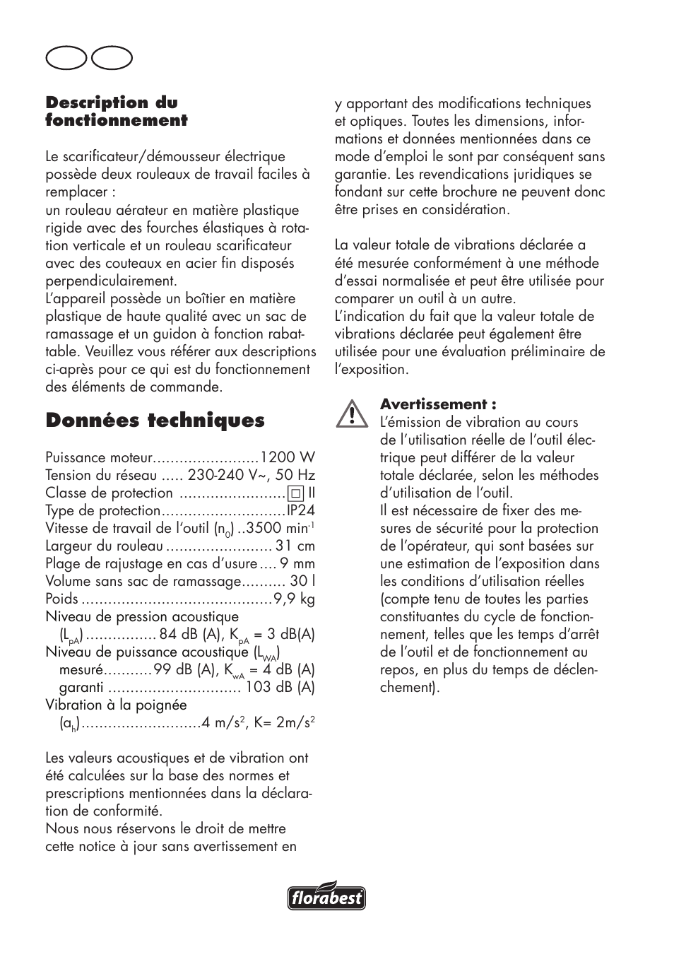 Données techniques, Fr ch | Florabest FLV 1200 A1 User Manual | Page 22 / 72