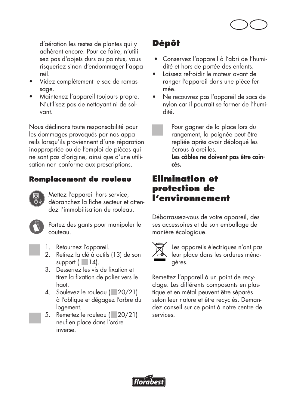 Dépôt, Elimination et protection de l‘environnement, Fr ch | Florabest FLV 1200 A1 User Manual | Page 31 / 72