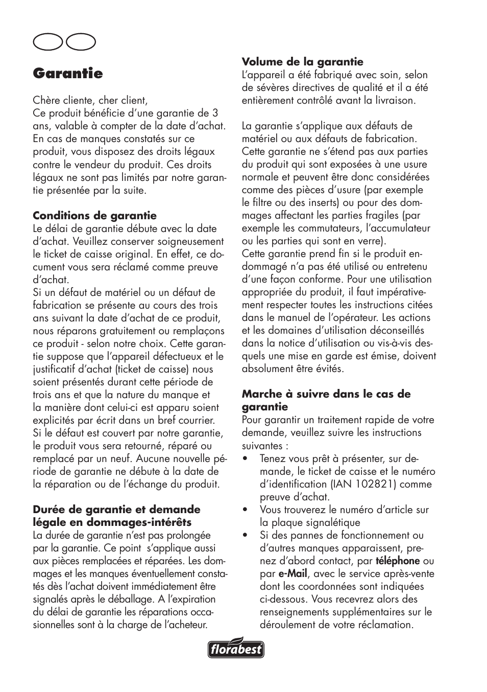 Garantie, Fr ch | Florabest FLV 1200 A1 User Manual | Page 34 / 72