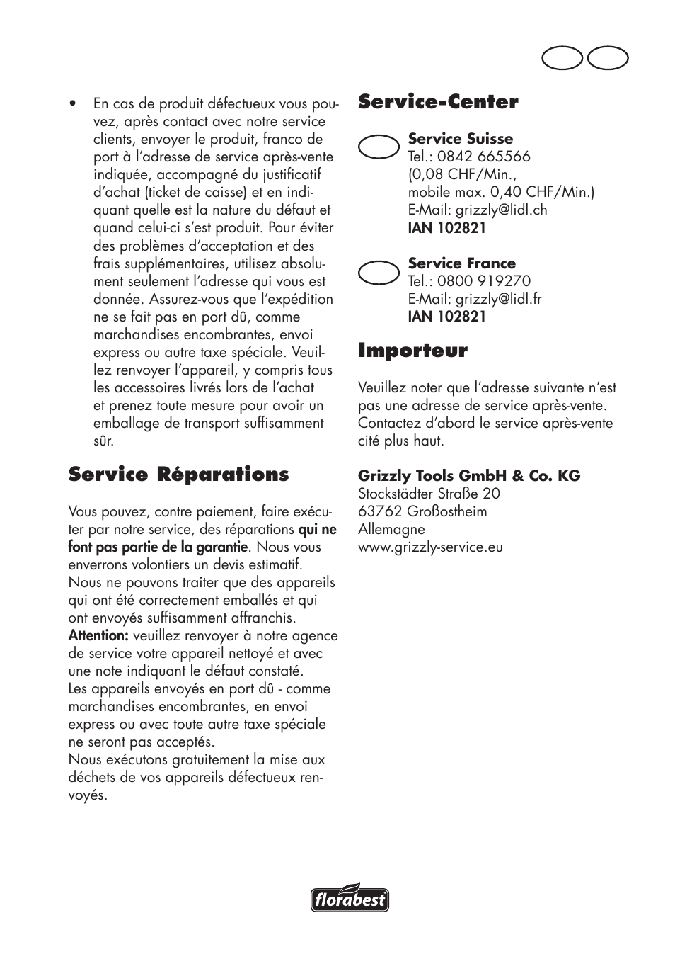 Service réparations, Service-center, Importeur | Fr ch, Ch fr | Florabest FLV 1200 A1 User Manual | Page 35 / 72