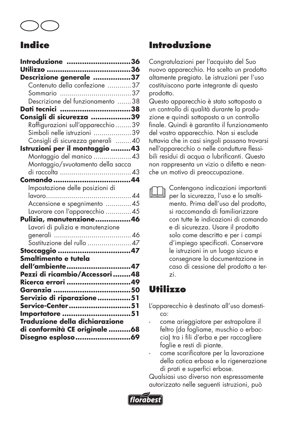 Indice, Introduzione, Utilizzo | It ch | Florabest FLV 1200 A1 User Manual | Page 36 / 72